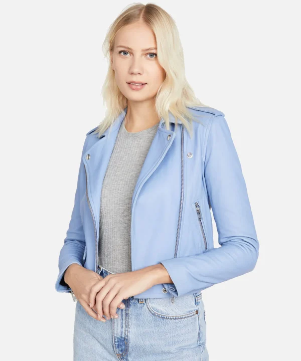 Ashlive Women Light Blue Leather Biker Jacket