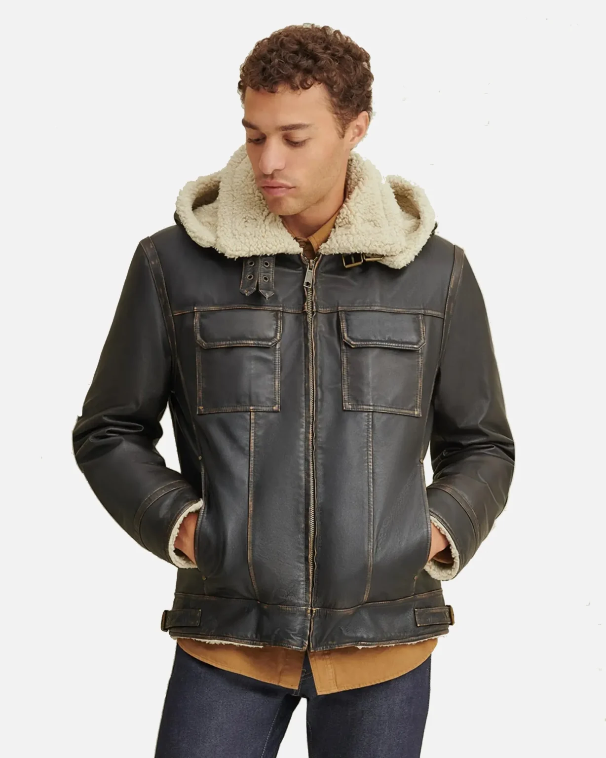 Brett Men Shearling Hooded Collar Leather Jacket