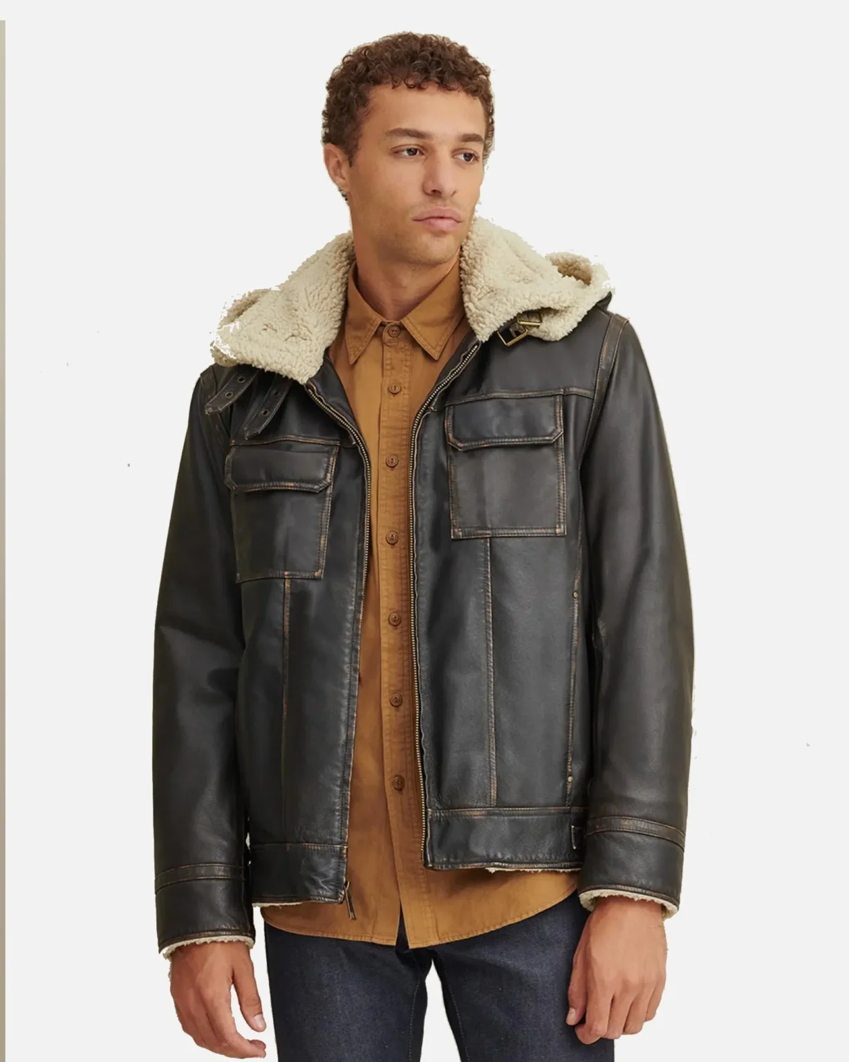 Brett Men Shearling Hooded Collar Leather Jacket