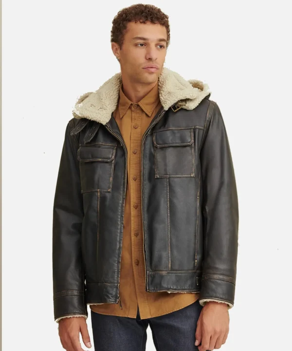 Brett Men Shearling Hooded Collar Leather Jacket