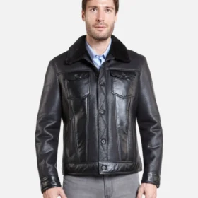 Calvin Men's Black Trucker Sheepskin Shearling Leather Jacket