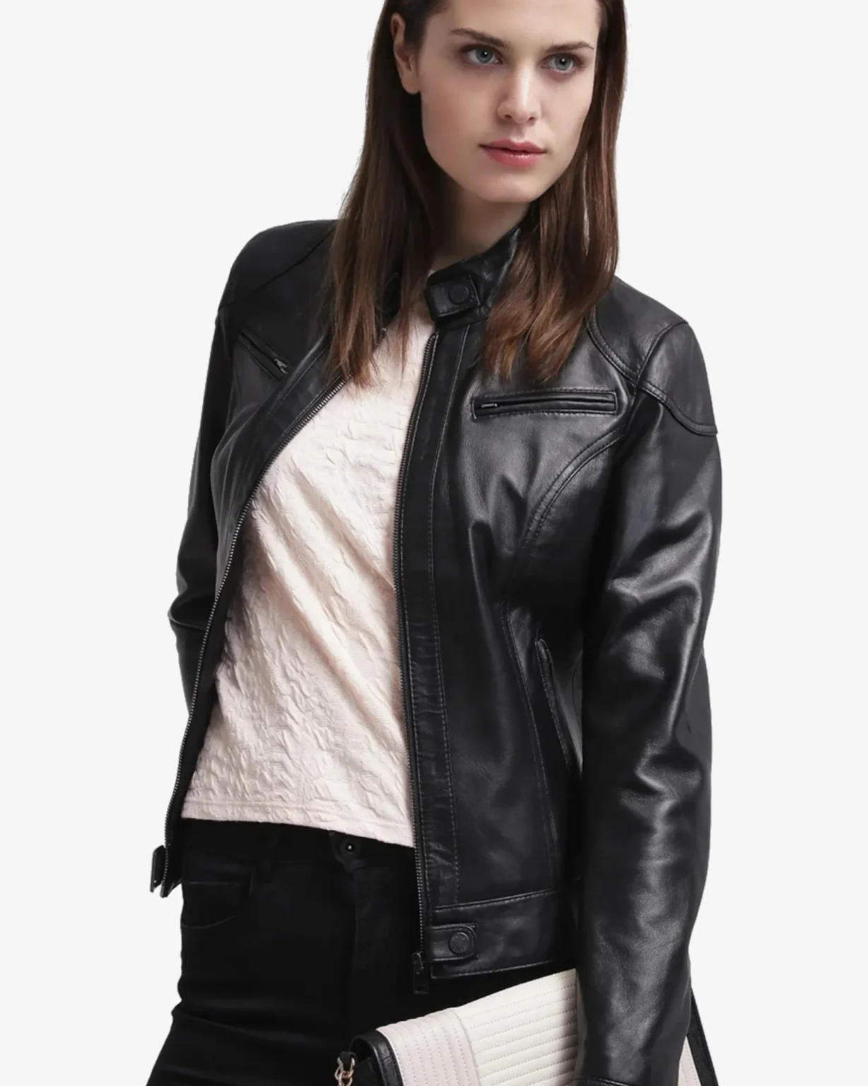 Halle Black Leather Cafe Racer Jacket