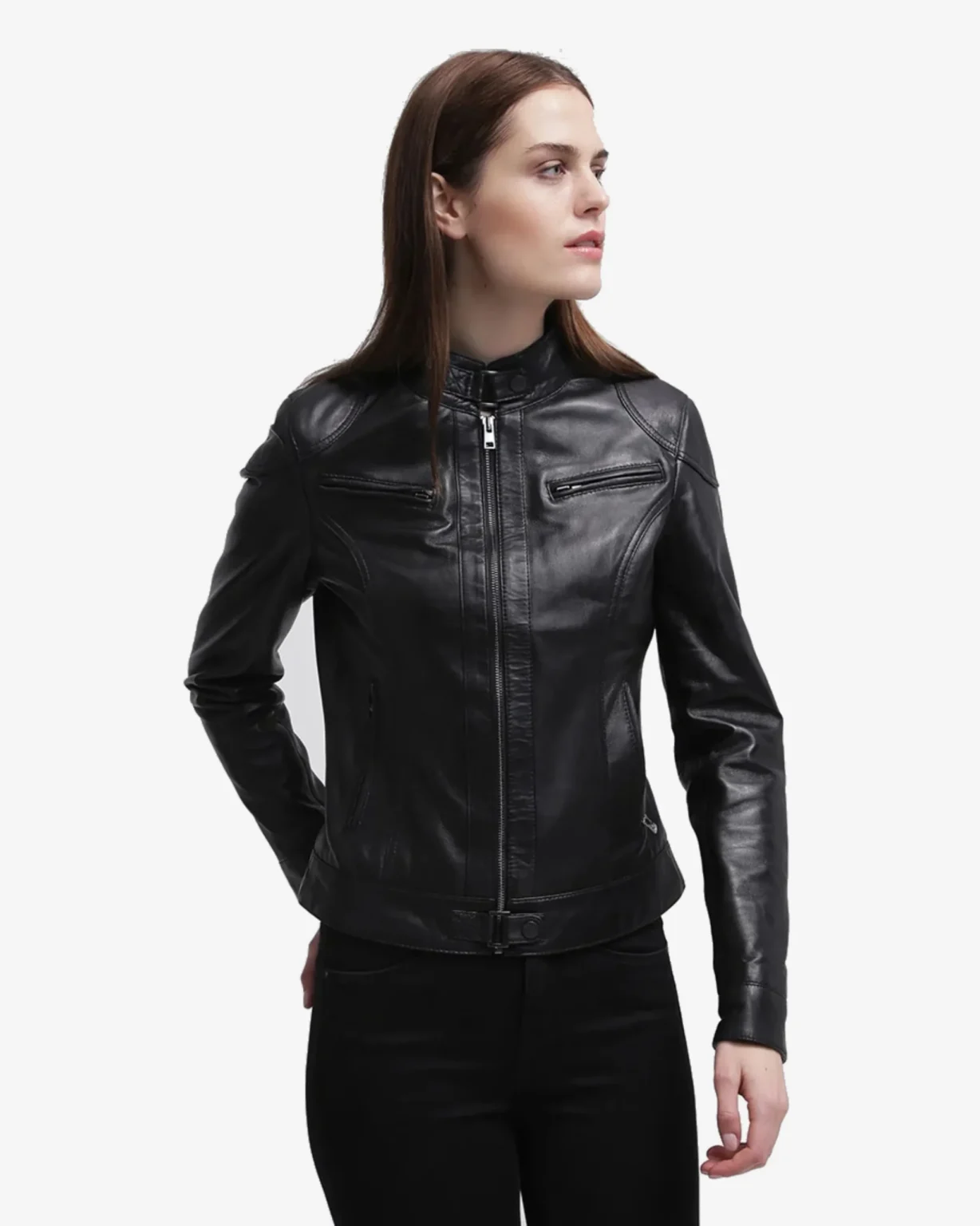 Halle Black Leather Cafe Racer Jacket