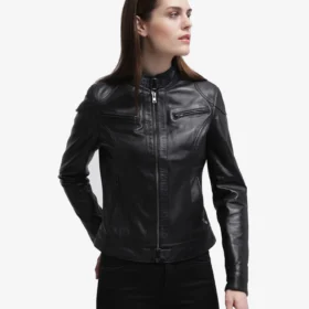 Halle Black Leather Cafe Racer Jacket