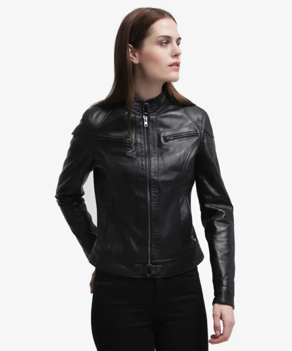 Halle Black Leather Cafe Racer Jacket