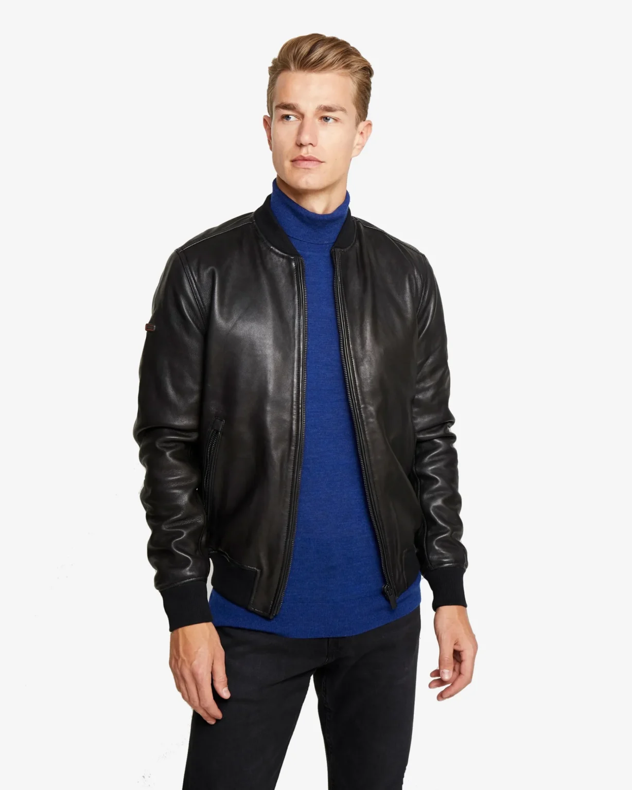 Hung Mens Black Bomber Leather Jacket