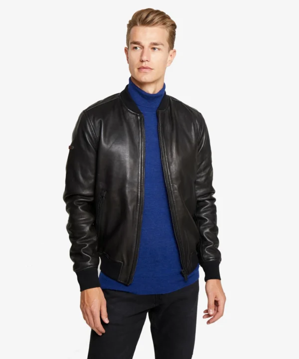 Hung Mens Black Bomber Leather Jacket