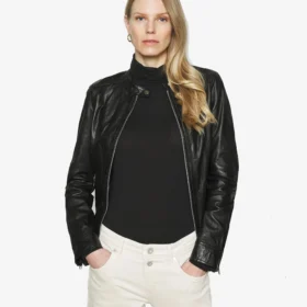 Khole Womens Black Leather Racer Jacket