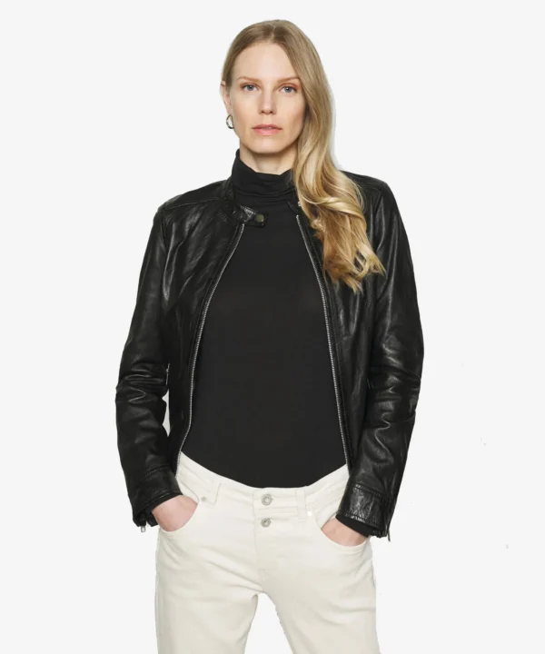 Khole Womens Black Leather Racer Jacket