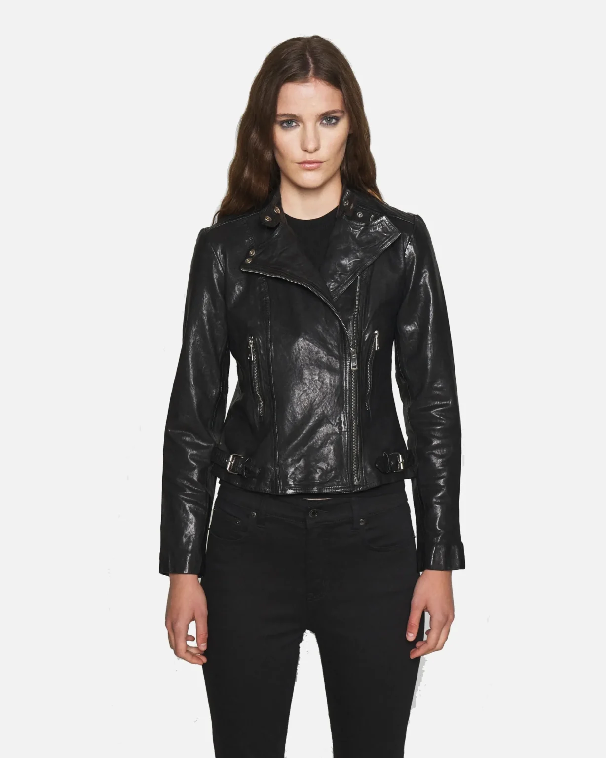 Lena Womens Jet Black Biker Leather Jacket