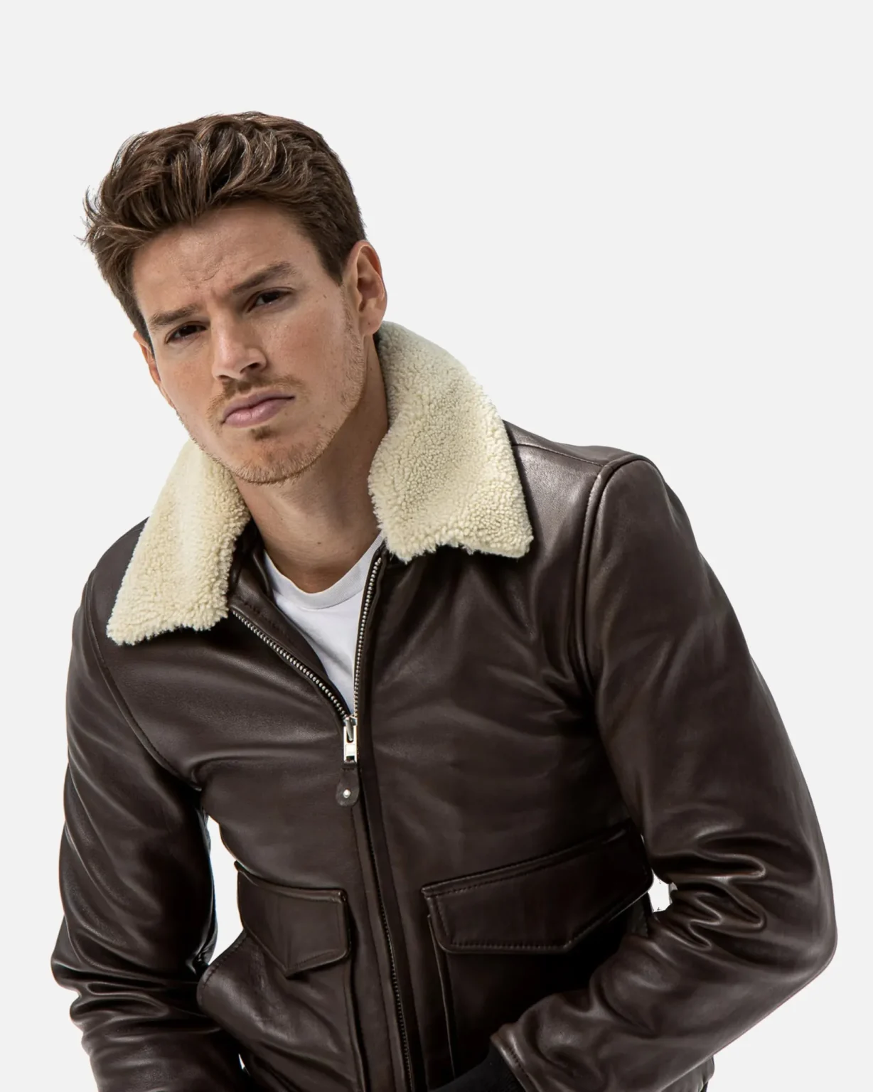 Levi Beige Shearling Fur Collar Brown Leather Jacket