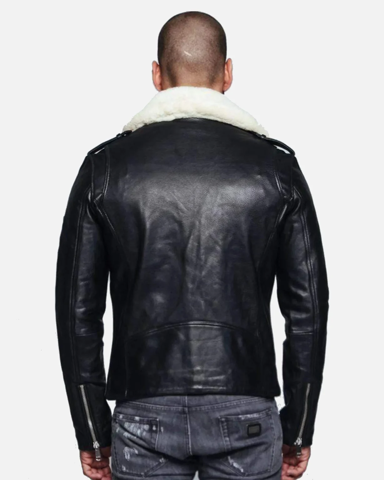 Men Fur Collared Black Biker Leather Jacket