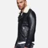 Men Fur Collared Black Biker Leather Jacket