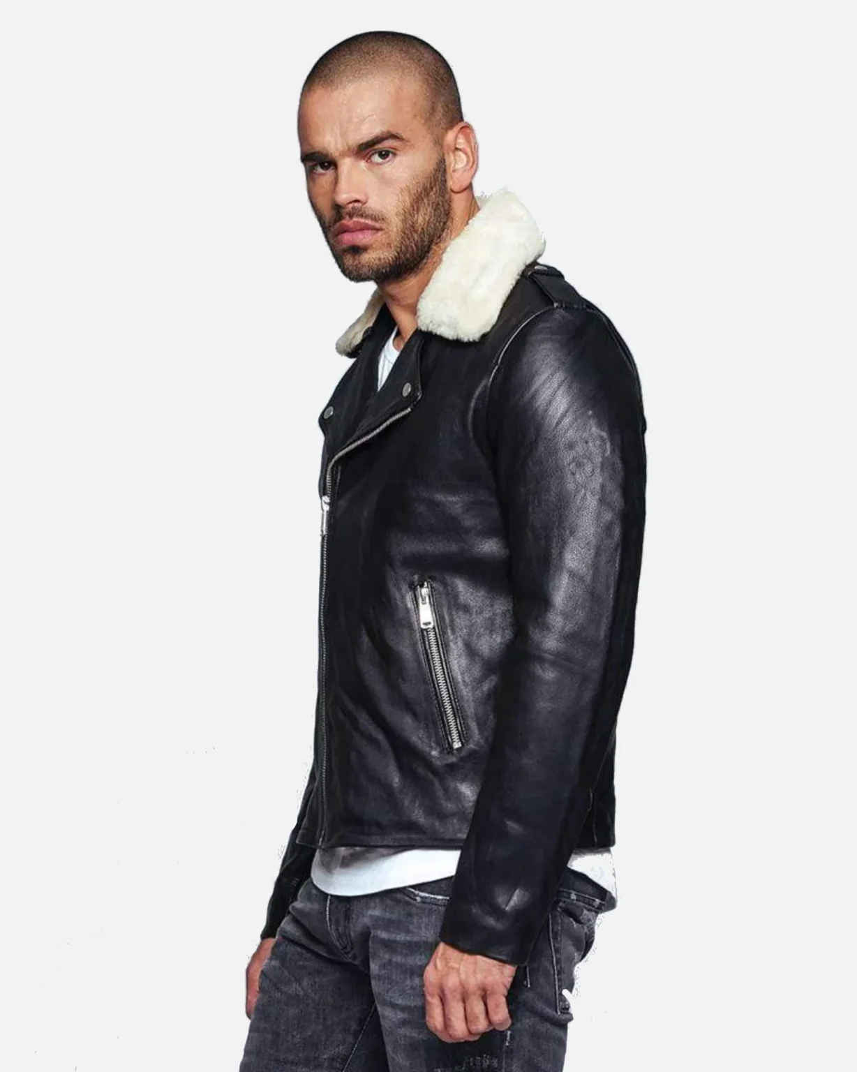 Men Fur Collared Black Biker Leather Jacket