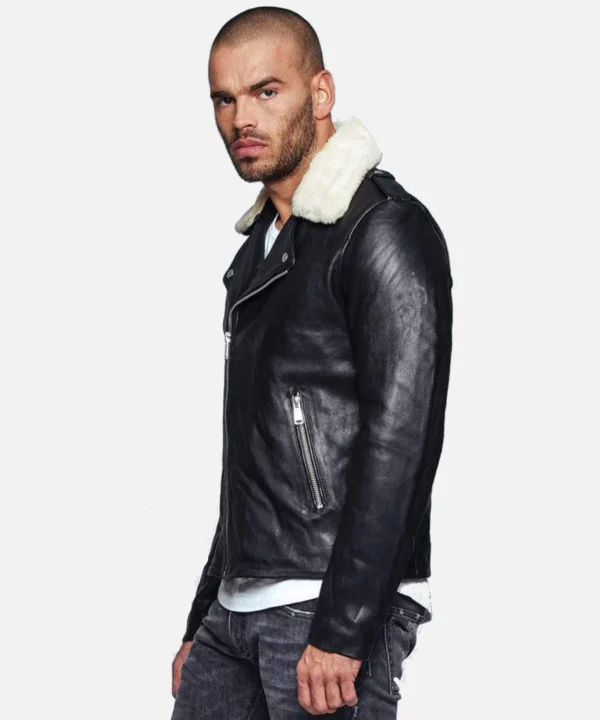 Men Fur Collared Black Biker Leather Jacket