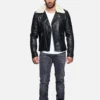 Men Fur Collared Black Biker Leather Jacket