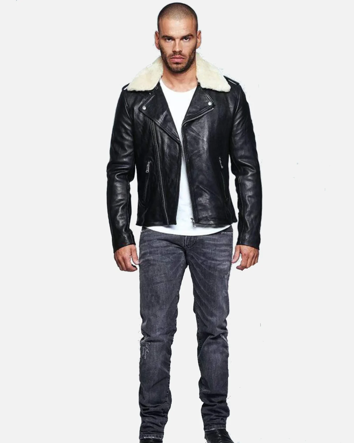 Men Fur Collared Black Biker Leather Jacket