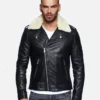 Men Fur Collared Black Biker Leather Jacket