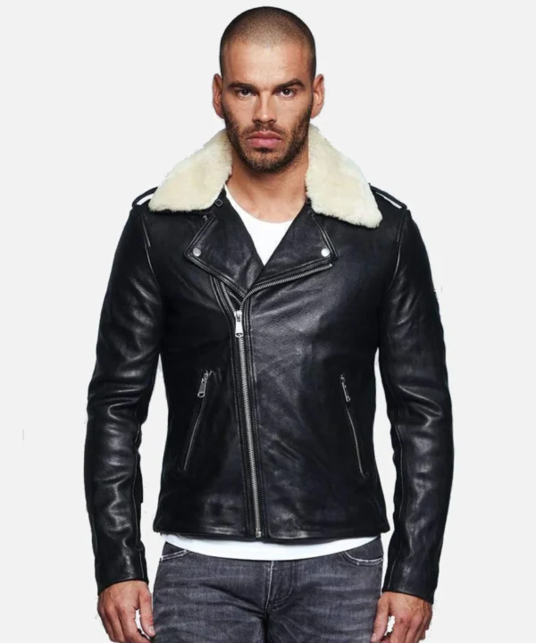 Men Fur Collared Black Biker Leather Jacket