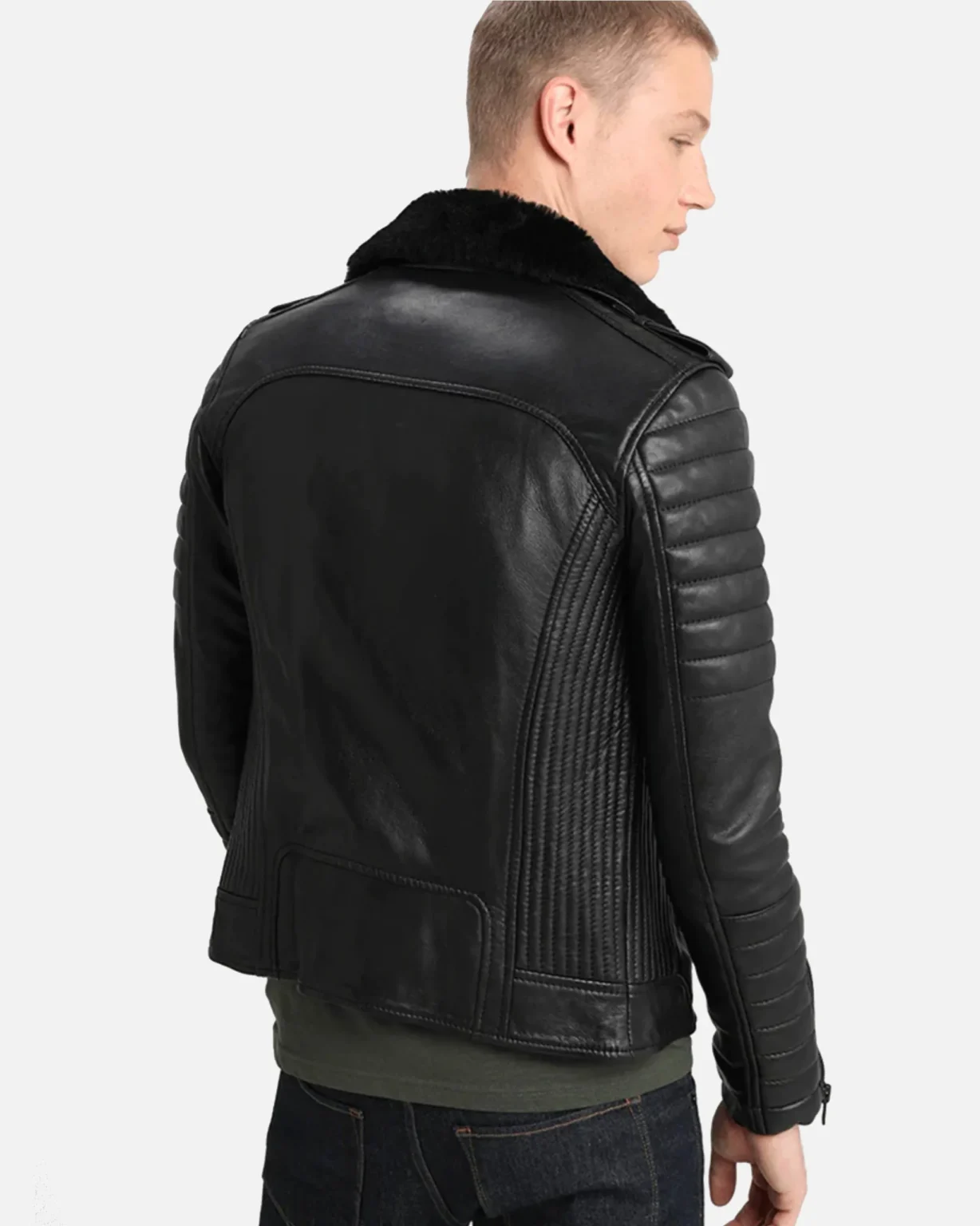 Men Quilted Black BIker Shearling Leather Jacket