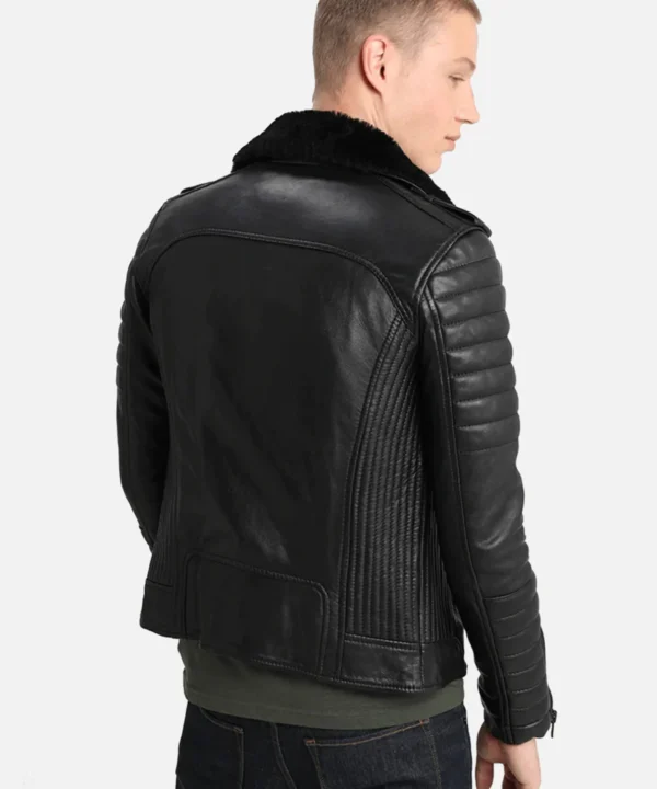 Men Quilted Black BIker Shearling Leather Jacket