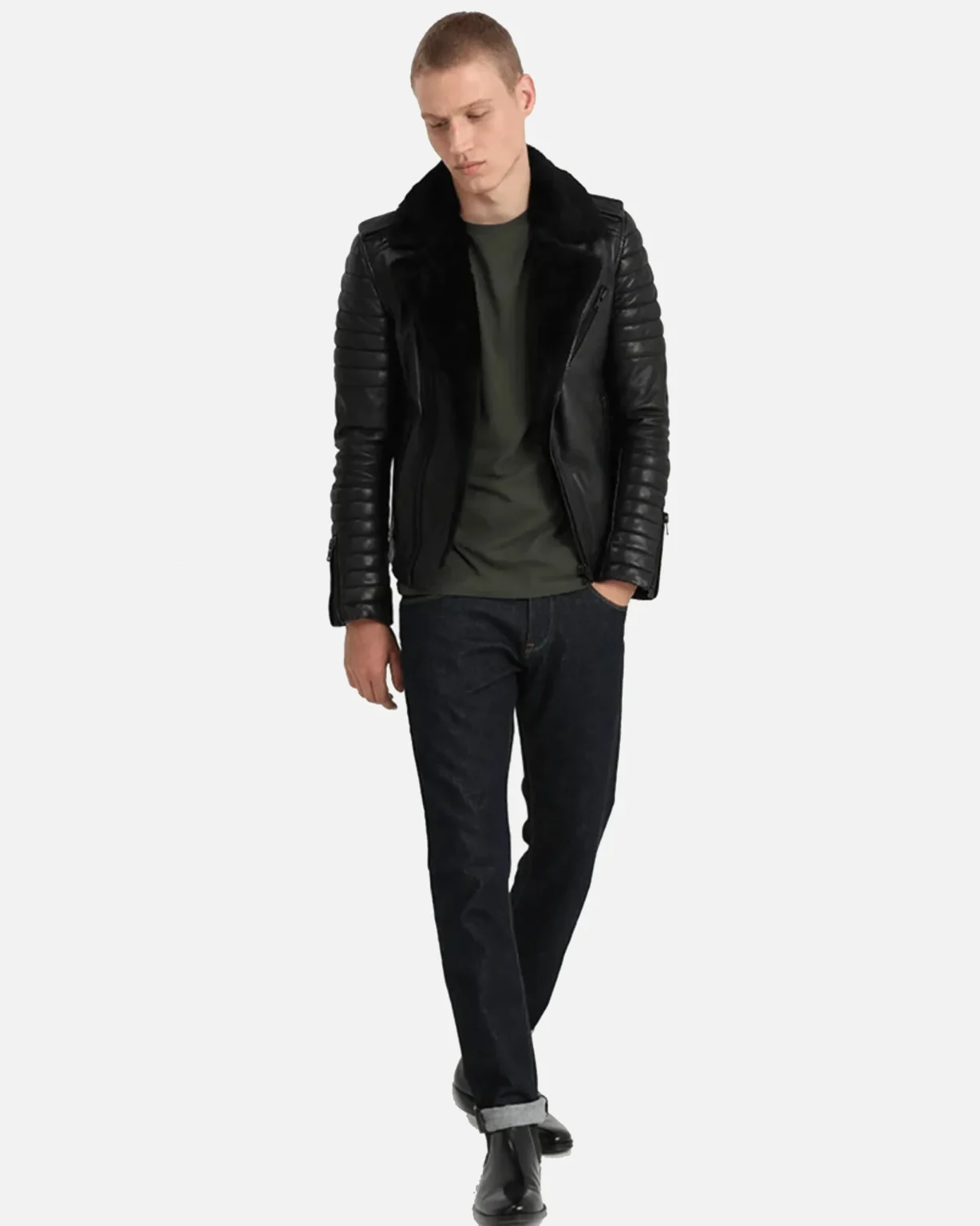 Men Quilted Black BIker Shearling Leather Jacket