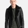 Men Quilted Black BIker Shearling Leather Jacket