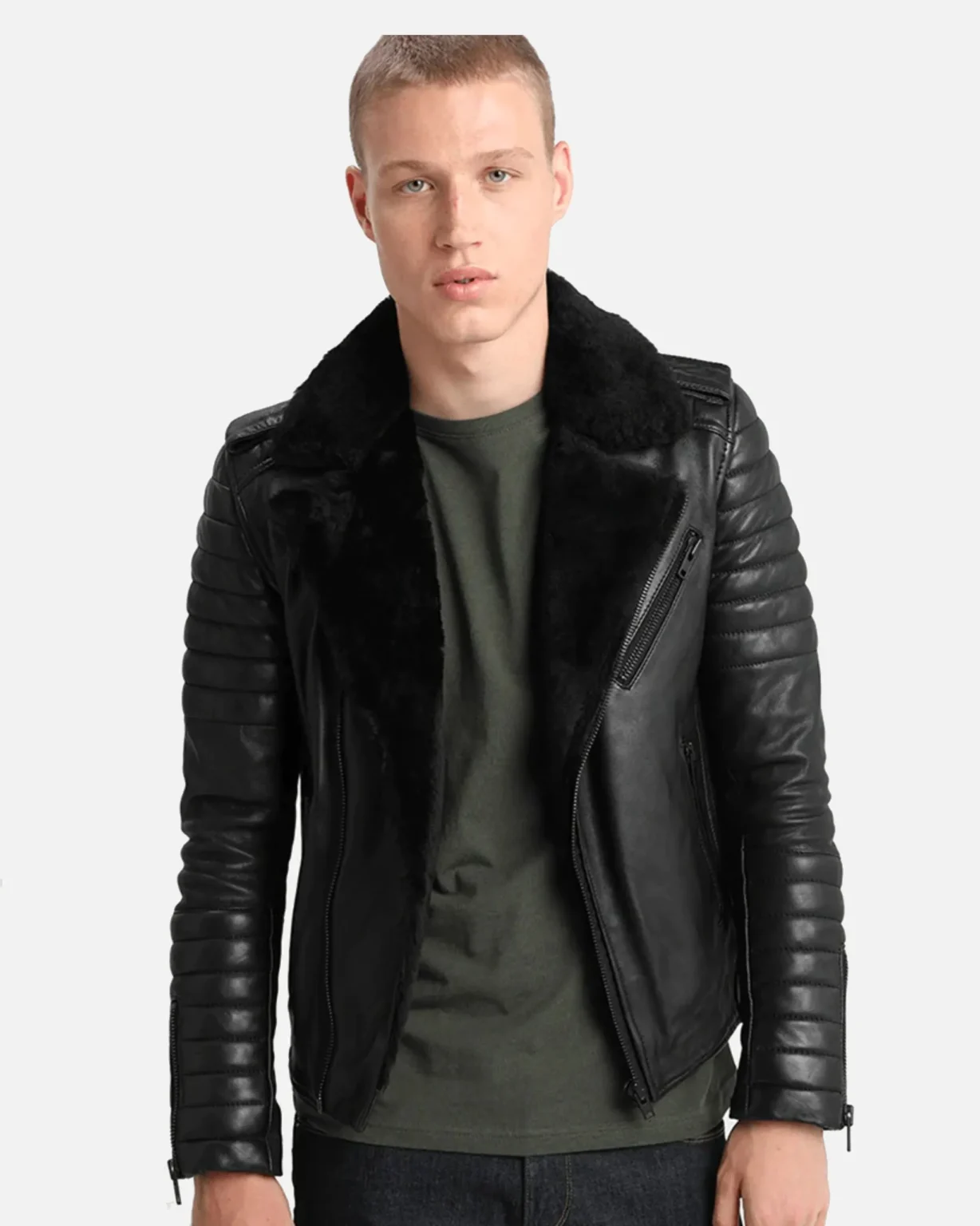 Men Quilted Black BIker Shearling Leather Jacket