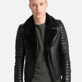 Men's Quilted Black Biker Shearling Leather