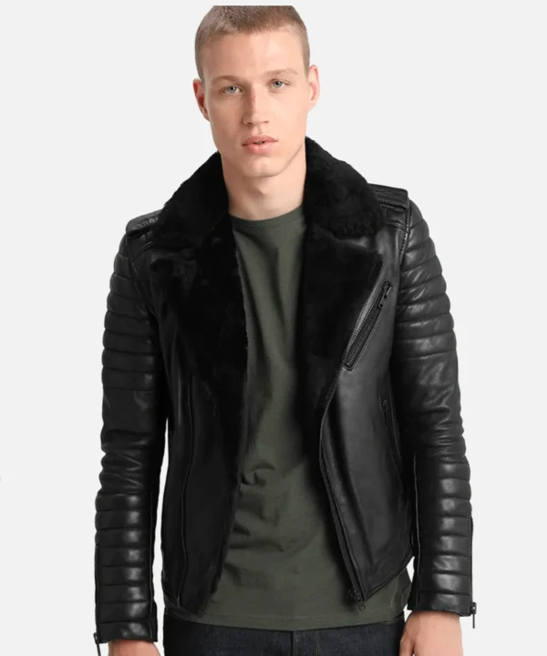 Men Quilted Black BIker Shearling Leather Jacket