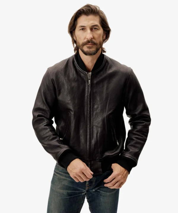 Mens Black Leather Bomber Jacket