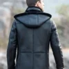 Mens Black Trench Shearling Hooded Leather Jacket