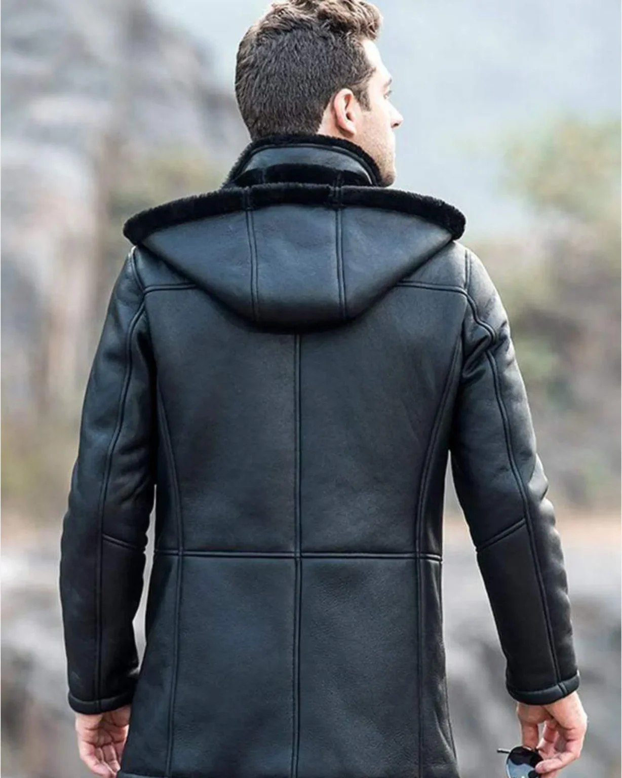 Mens Black Trench Shearling Hooded Leather Jacket