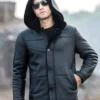 Mens Black Trench Shearling Hooded Leather Jacket