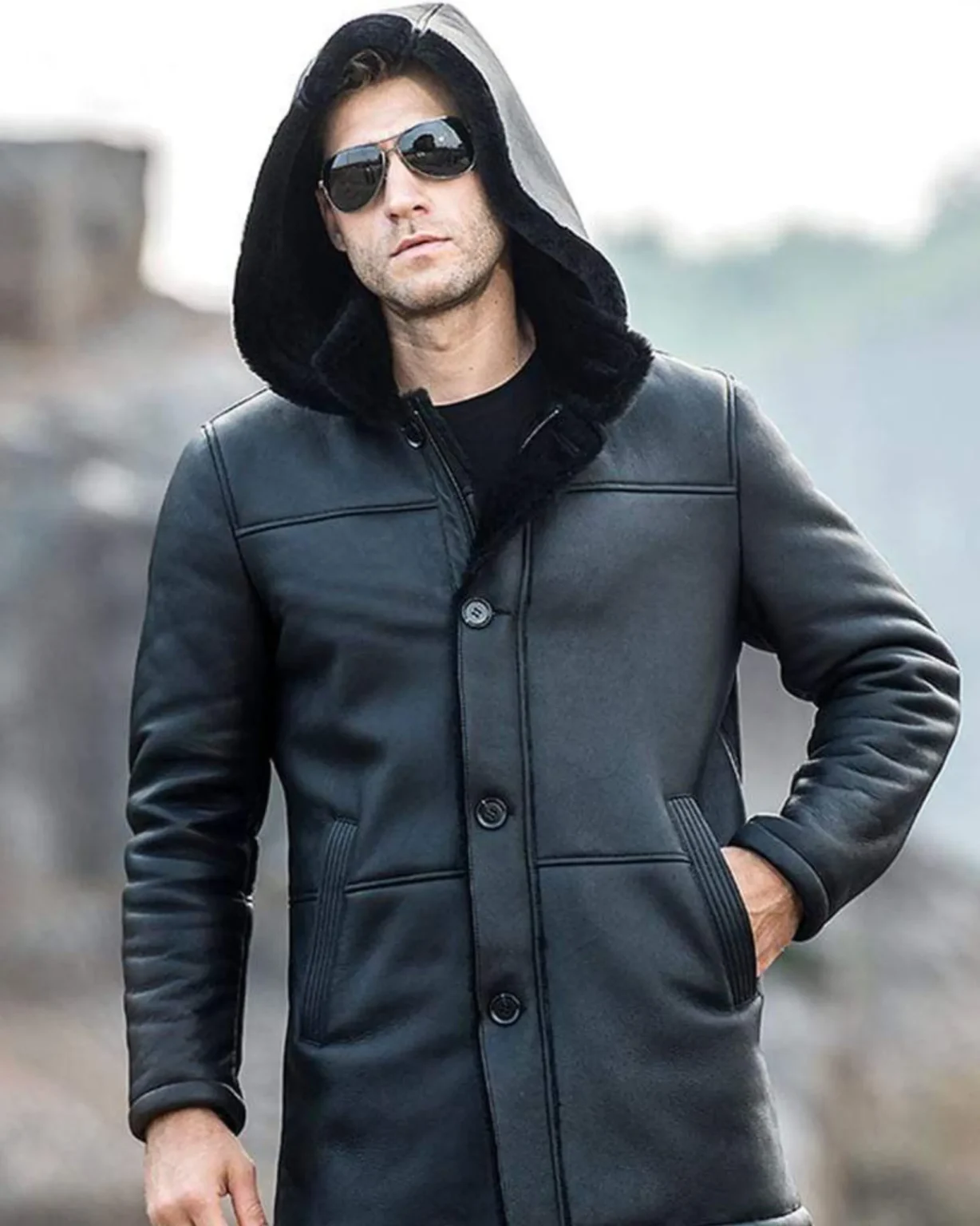 Mens Black Trench Shearling Hooded Leather Jacket