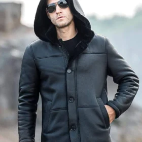 Men's Black Trench Shearling Hooded Leather Jacket