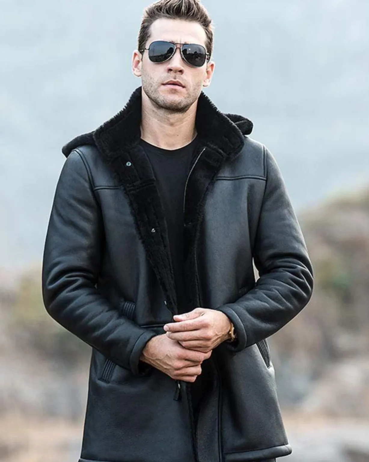 Mens Black Trench Shearling Hooded Leather Jacket