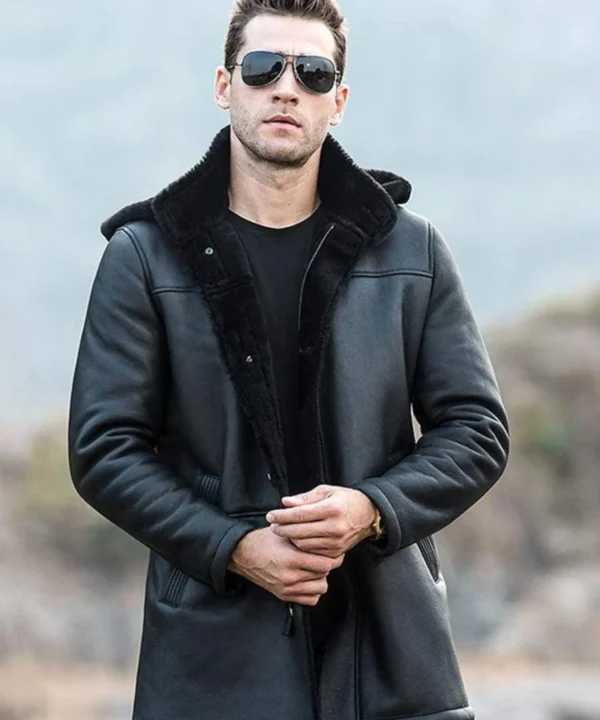 Mens Black Trench Shearling Hooded Leather Jacket