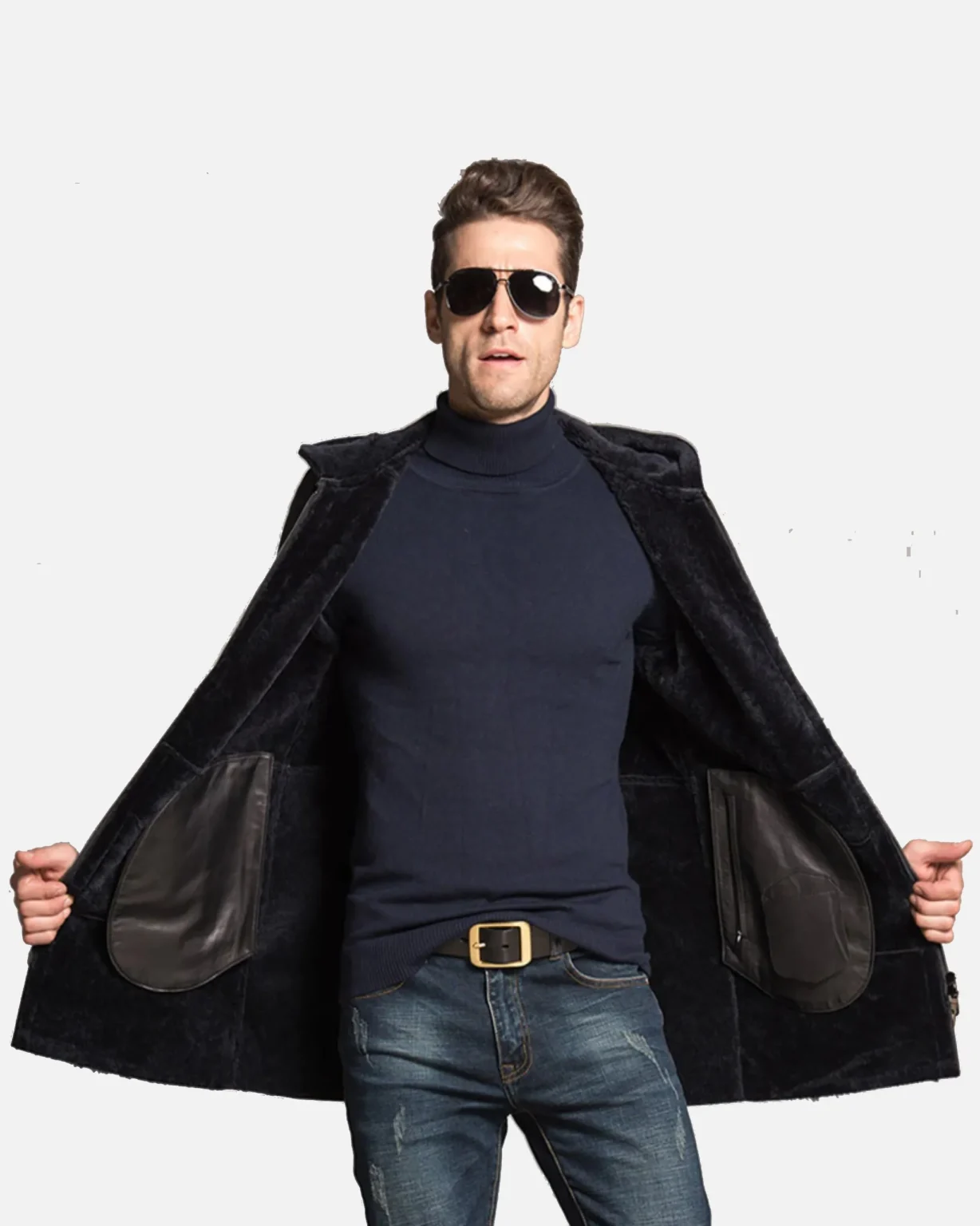 Mens Hooded Black Shearling Long Coat