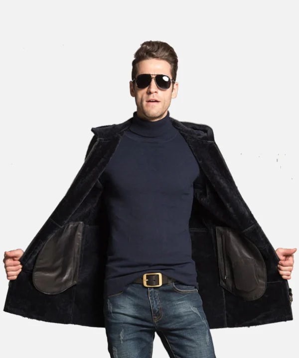 Mens Hooded Black Shearling Long Coat