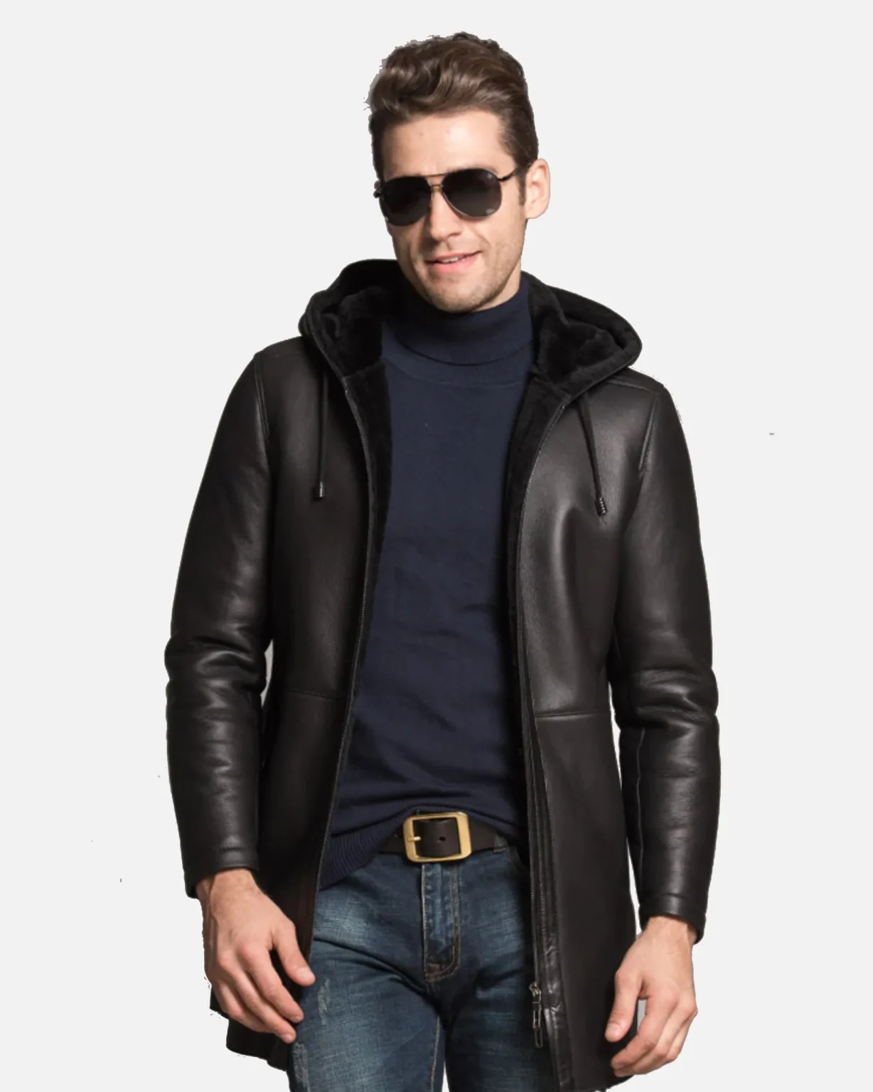 Mens Hooded Black Shearling Long Coat