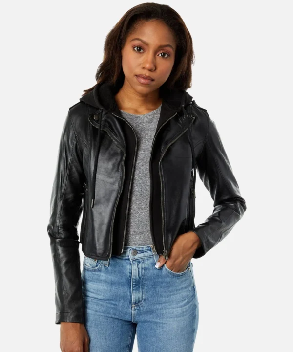 Molly Black Hooded Leather Biker Jacket