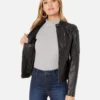 Halle Women Black Leather Racer Jacket