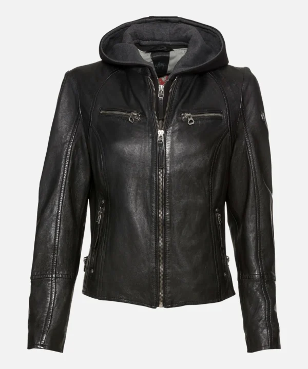 Nohl Womens Black Hooded Leather Jacket