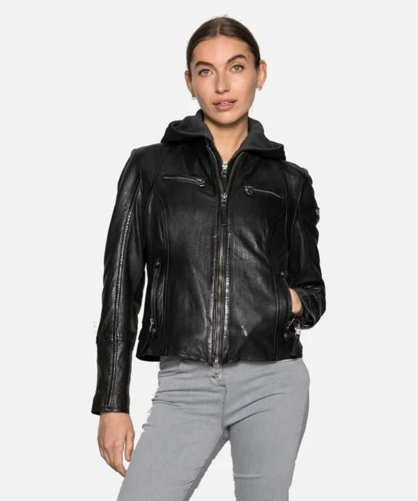 Nohl Womens Black Hooded Leather Jacket