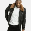 Sand Detachable Shearling Collared Leather Jacket