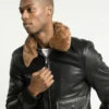 Sand Detachable Shearling Collared Leather Jacket