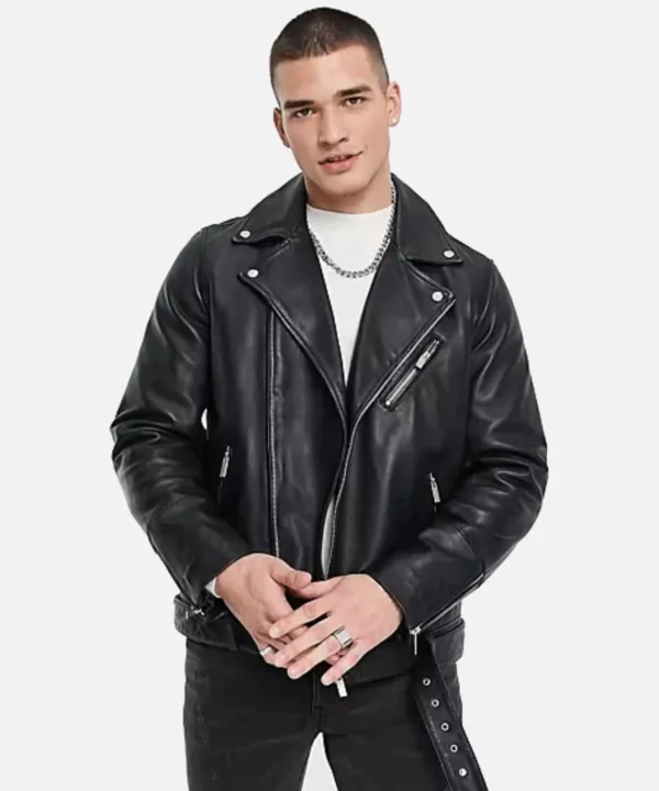 Topman Black Real Leather Biker Jacket