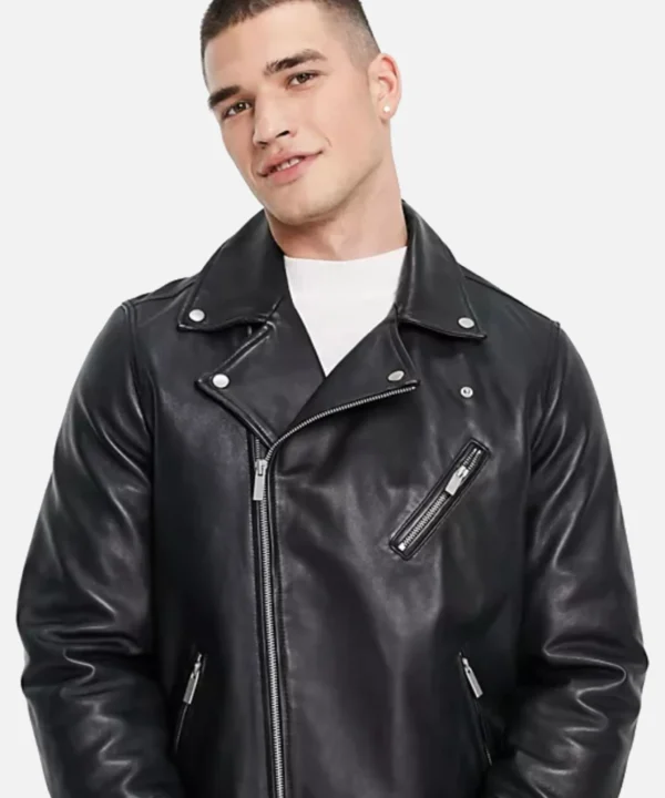 Topman Black Real Leather Biker Jacket