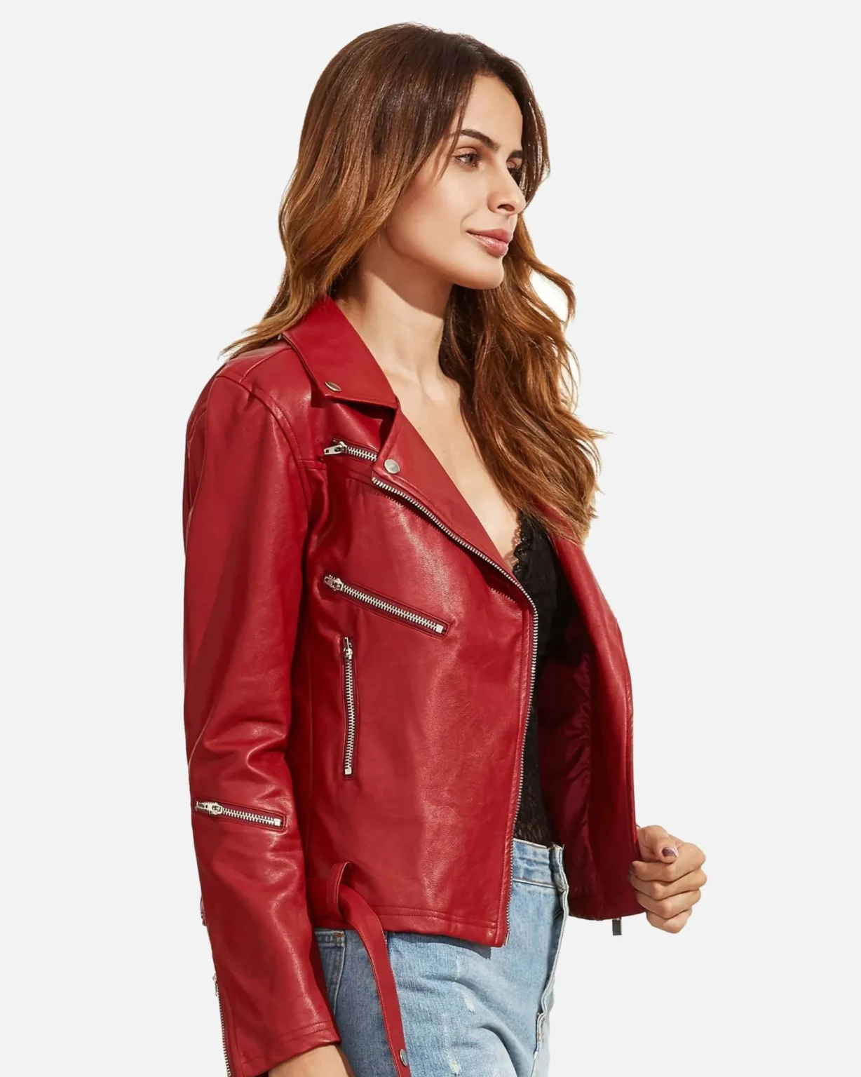 Women Red Langarm Moto Leather Jacket